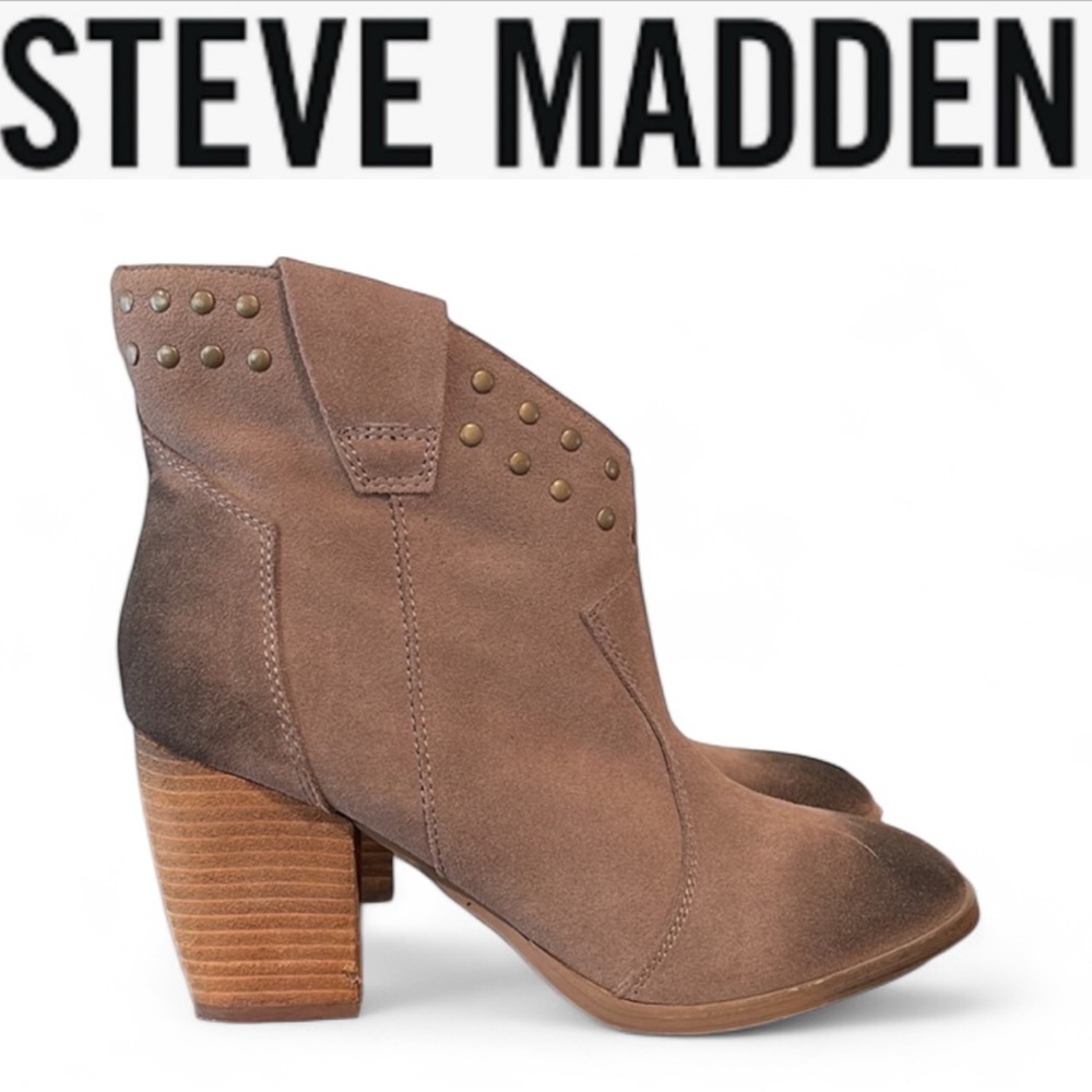 STEVE MADDEN JESS II SUEDE STUDDED DISTRESSED TWO TONE HEELED ANKLE BOOTS